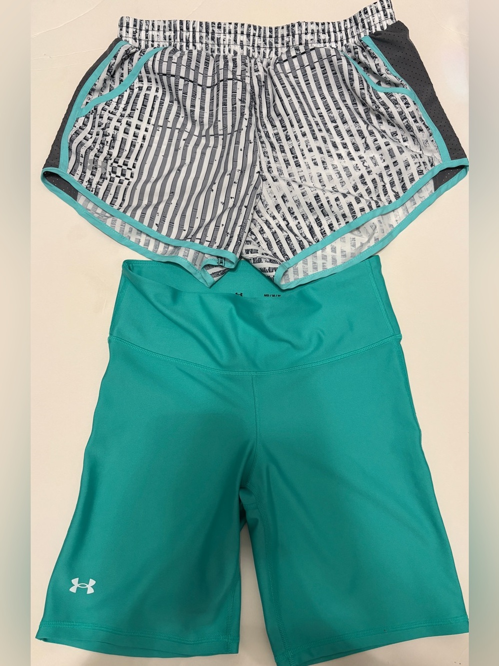 Under Armour Teal Compression Bike Shorts with Striped Layered Running Shorts